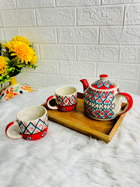 RED KETTLE SET WITH TRAY (1 Teapot & 2 cups)