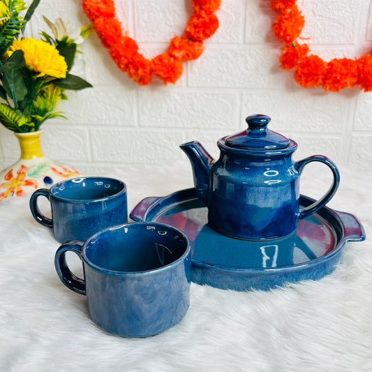 NAVY  BLUE KETTLE SET WITH  TRAY (1 Teapot & 2 Cups )