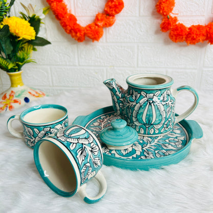 SKY BLUE FLORAL KETTLE SET WITH  TRAY (1 Teapot & 2 Cups )