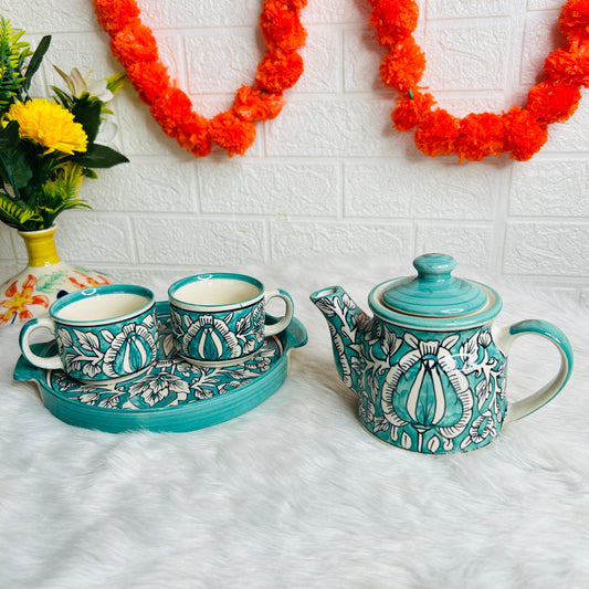 SKY BLUE FLORAL KETTLE SET WITH  TRAY (1 Teapot & 2 Cups )