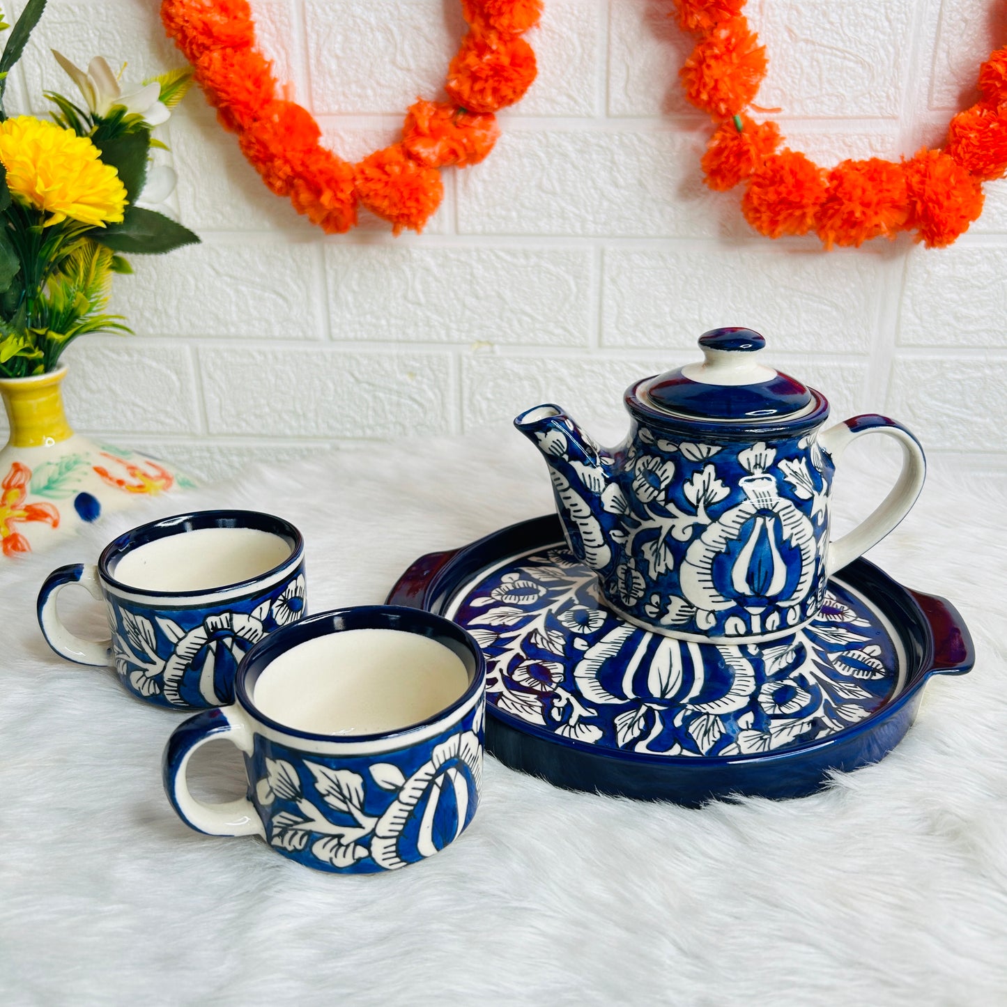 NAVY BLUE FLORAL KETTLE SET WITH  TRAY (1 Teapot & 2 Cups )