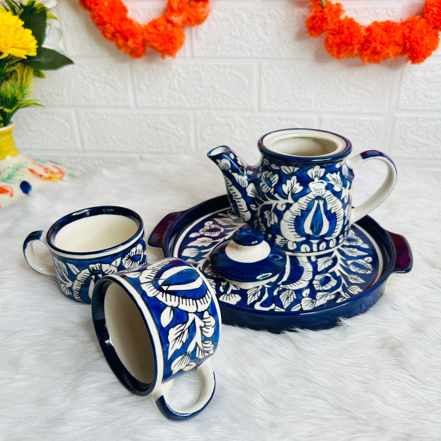 NAVY BLUE FLORAL KETTLE SET WITH  TRAY (1 Teapot & 2 Cups )