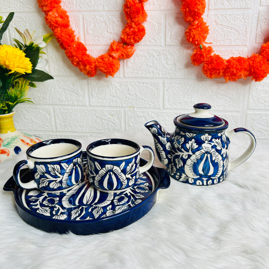 NAVY BLUE FLORAL KETTLE SET WITH  TRAY (1 Teapot & 2 Cups )