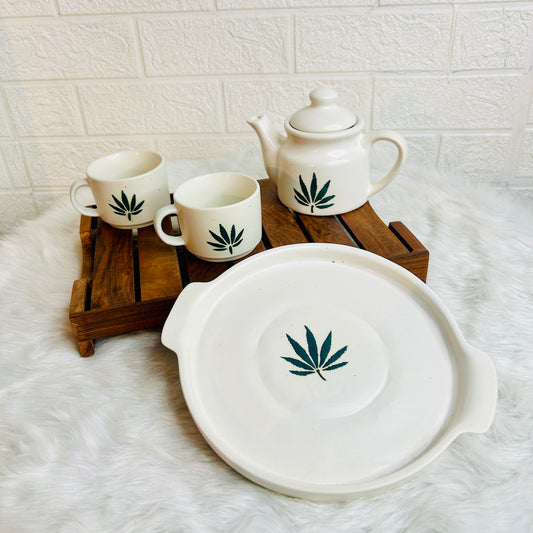 WHITE KETTLE SET WITH  TRAY (1 Teapot & 2 Cups )