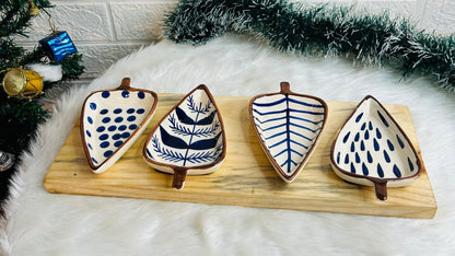 Ceramic Leaf Platter Set Of 4 with Wooden Tray