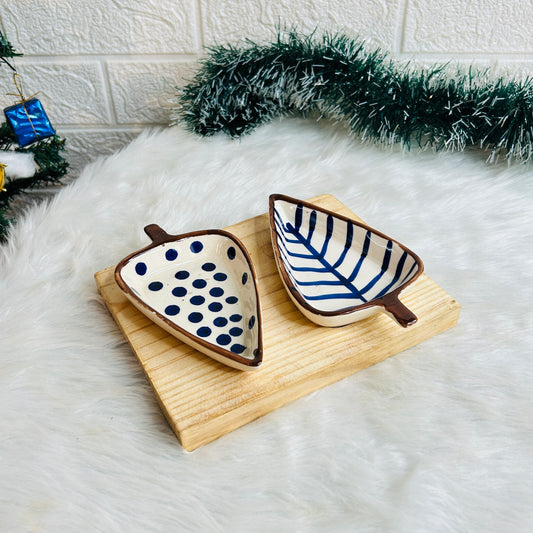 Ceramic Leaf Platter Set Of 2 with Wooden Tray