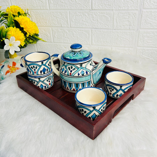 SKY BLUE KETTLE WITH 4 CUPS & WOODEN TRAY