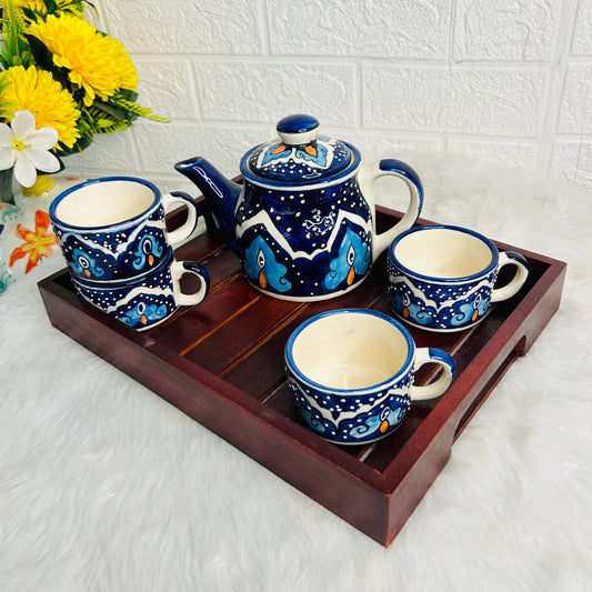 NAVY BLUE KETTLE WITH 4 CUPS & WOODEN TRAY