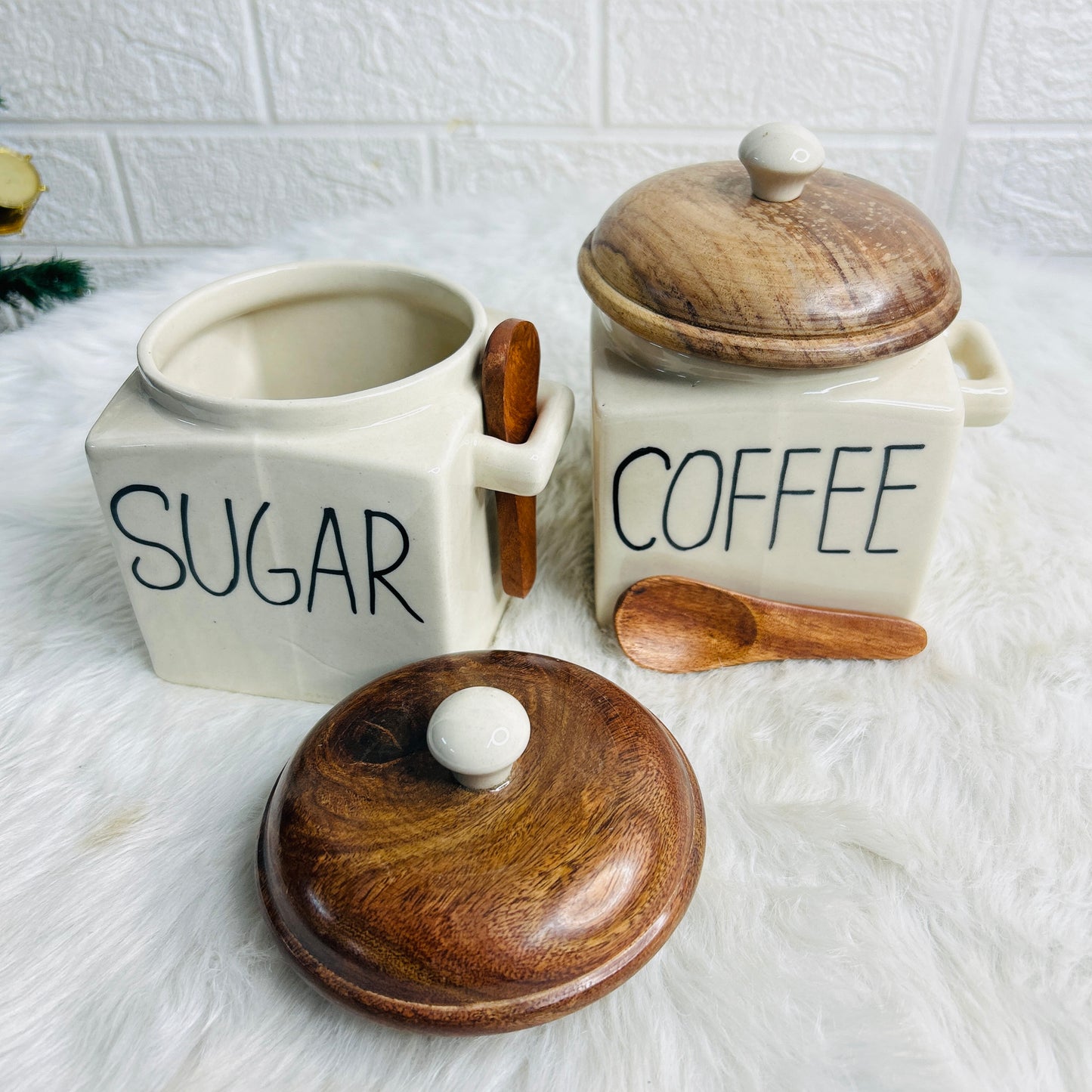 COFFEE SUGAR SET WITH WOODEN LID & SPOON