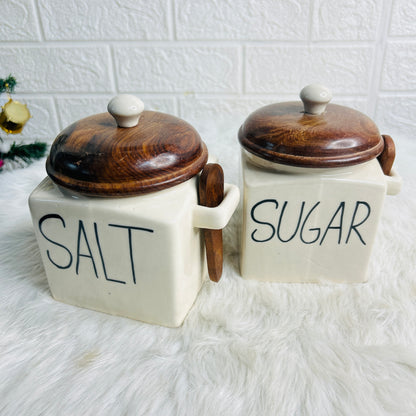 SALT SUGAR SET WITH WOODEN LID & SPOON