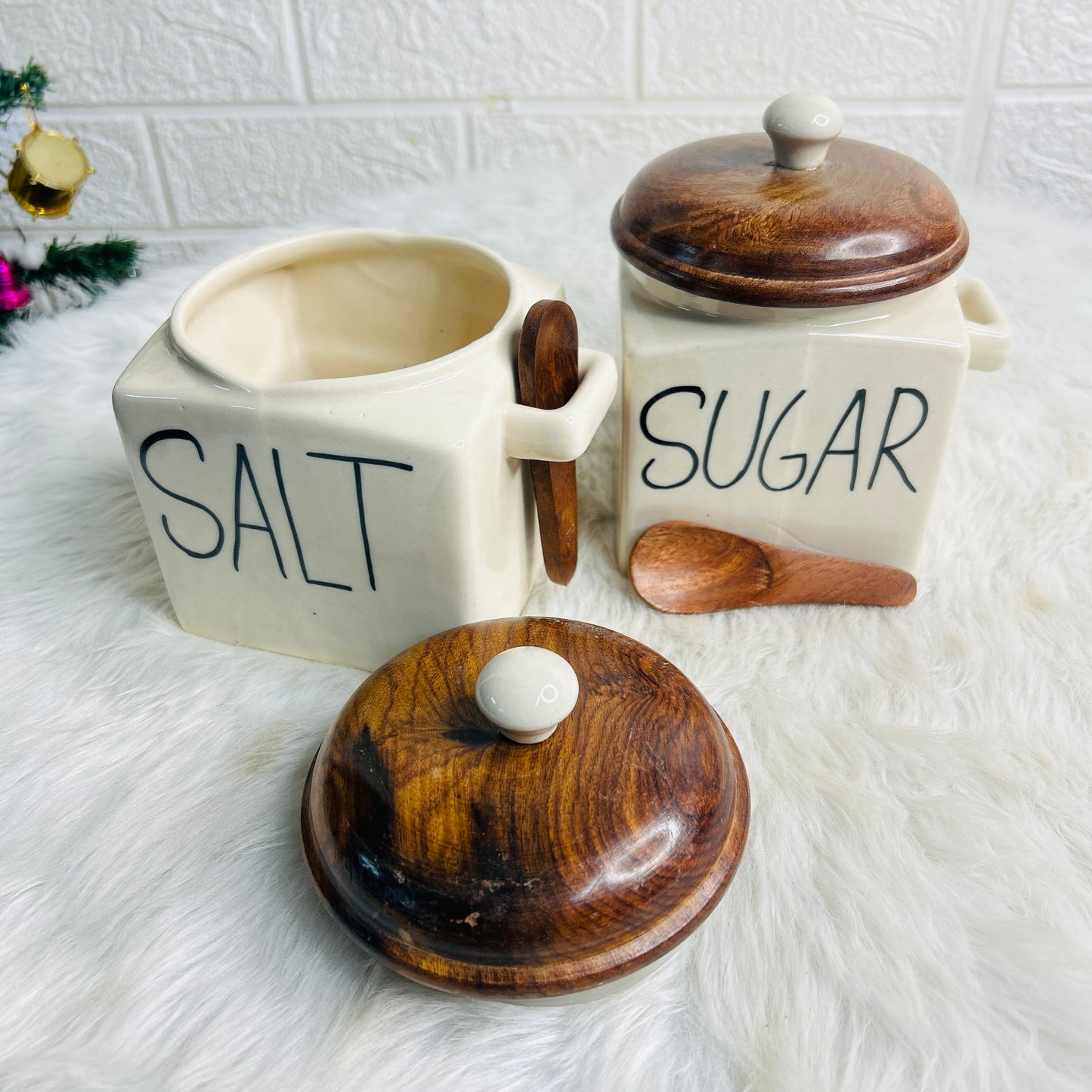 SALT SUGAR SET WITH WOODEN LID & SPOON