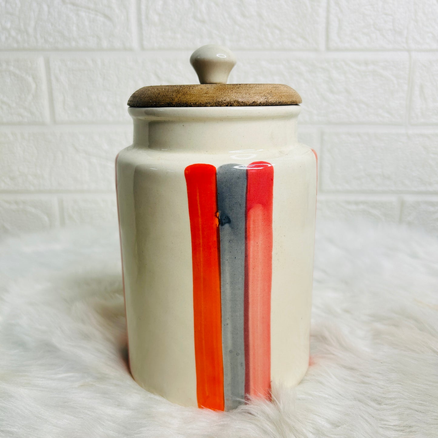 LARGE ORANGE STRIP JAR SET OF 1