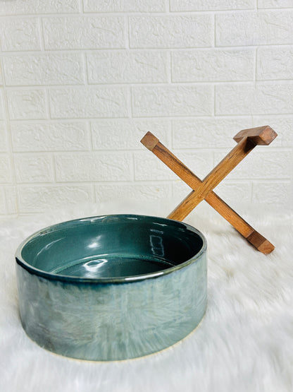 GREEN SERVING BOWL WITH  WOODEN STAND (Set of 1)